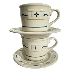 LONGABERGER Pottery Woven Traditions Heritage Blue Set of 2 Cups & Saucers